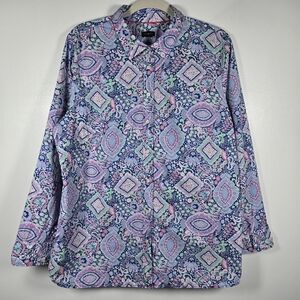 Talbots Vibrant Colorful Paisley Long Cotton Sleeve Button Down Top Size XL